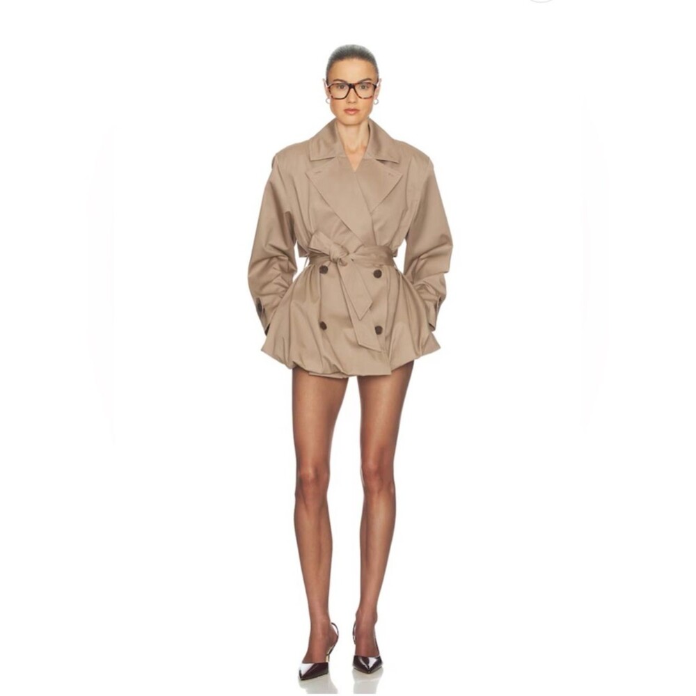 NEW HELSA Short Belted Double-Breasted Bubble Hem Trench jacket in Stone, XS